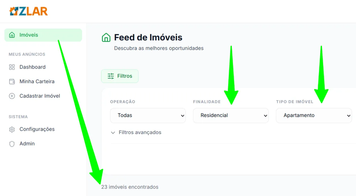 Total de imóveis encontrados no feed com filtros aplicados